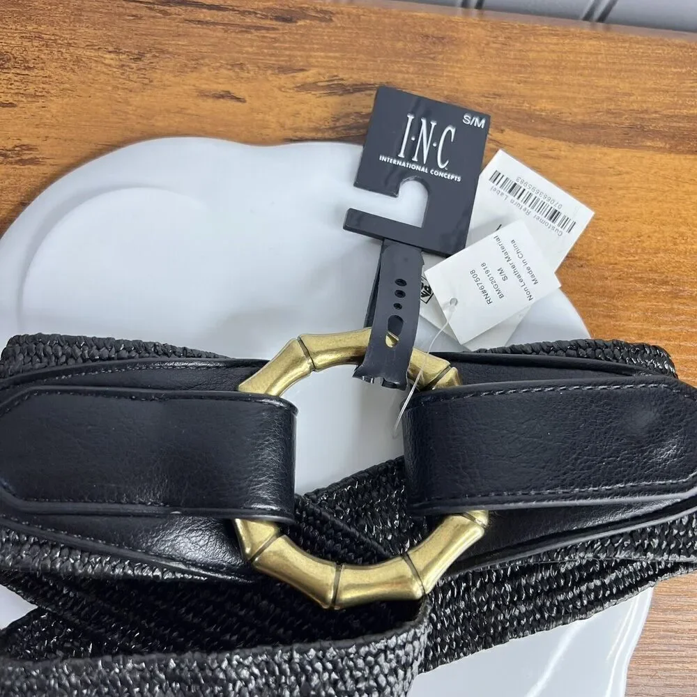 INC Sz S-M Stretch Black Woven Womens Belt Gold Tone Bambo Buckle Boho NICE